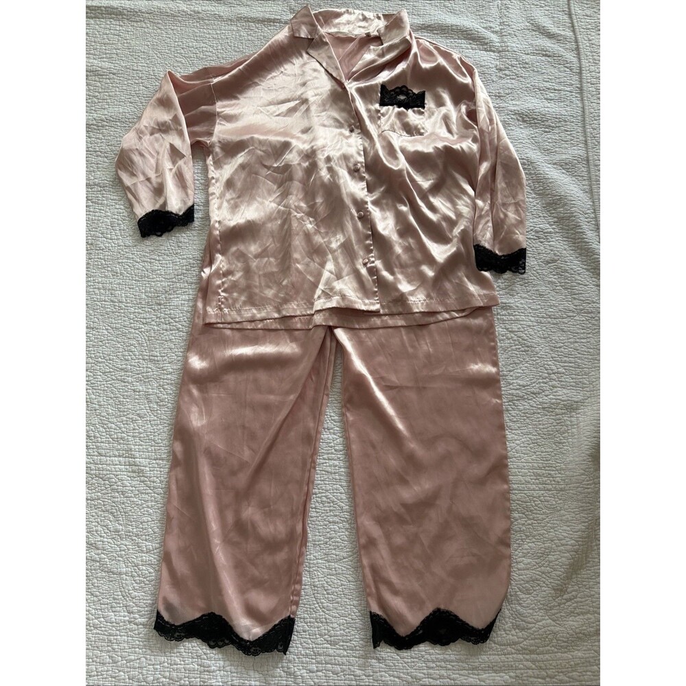 Vintage Victorias Secret Pajama Set XL Pink Black Lace Pants Shirt Satin PJs PJ